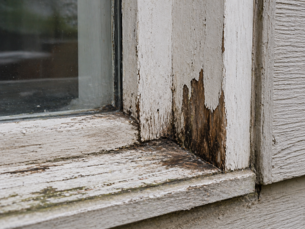 Visible Rot damage on old wood window