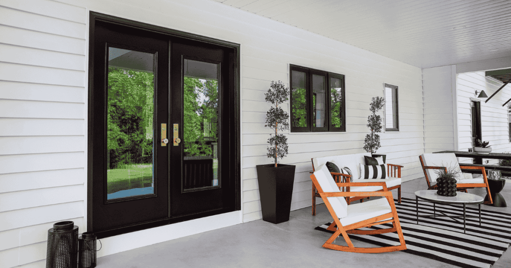Black fiberglass exterior French doors installed in Utah home
