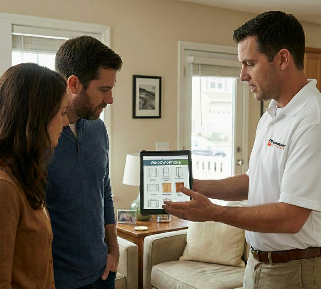 Energy Guide visiting a home and reviewing the project with homeowners