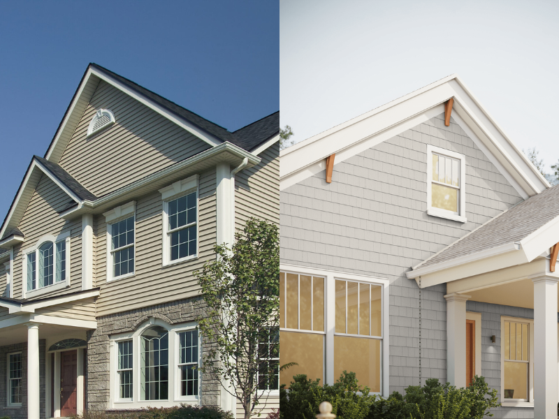vinyl siding vs fiber cement siding comparison on two home exteriors