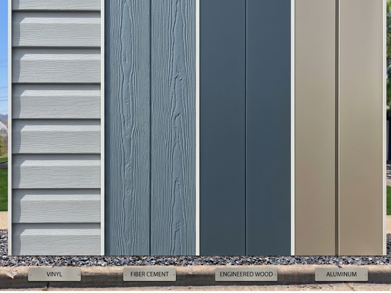Vinyl, fiber cement, engineered wood, and aluminum siding panel samples for material comparison