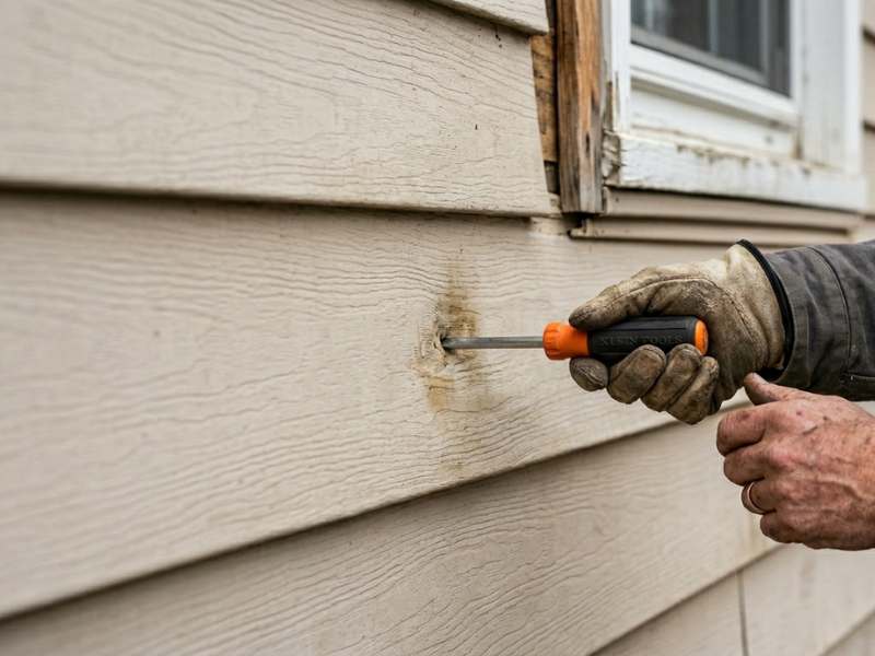 Contractor pressing screwdriver handle against soft siding panel to test for dry rot
