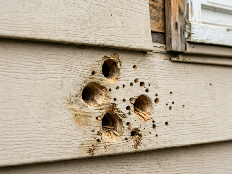 Woodpecker holes in deteriorating wood siding near a window frame