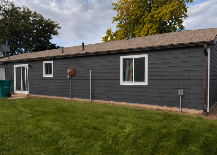 Back view of siding replacement in Layton Utah with Alside Ascend 7 inch Plank in Cast Iron