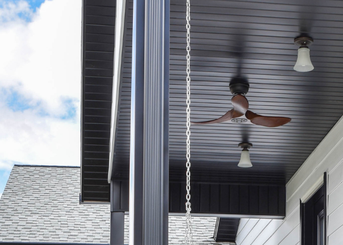 Porch roofline with soffit and fascia detail on home in Brigham City, Utah