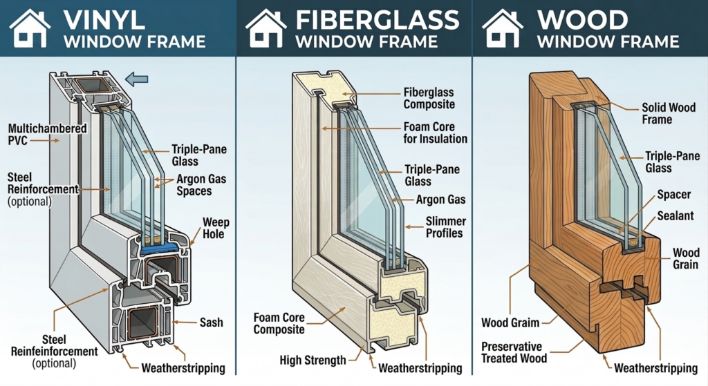 cross section of triple pane window with argon fill and low e coating