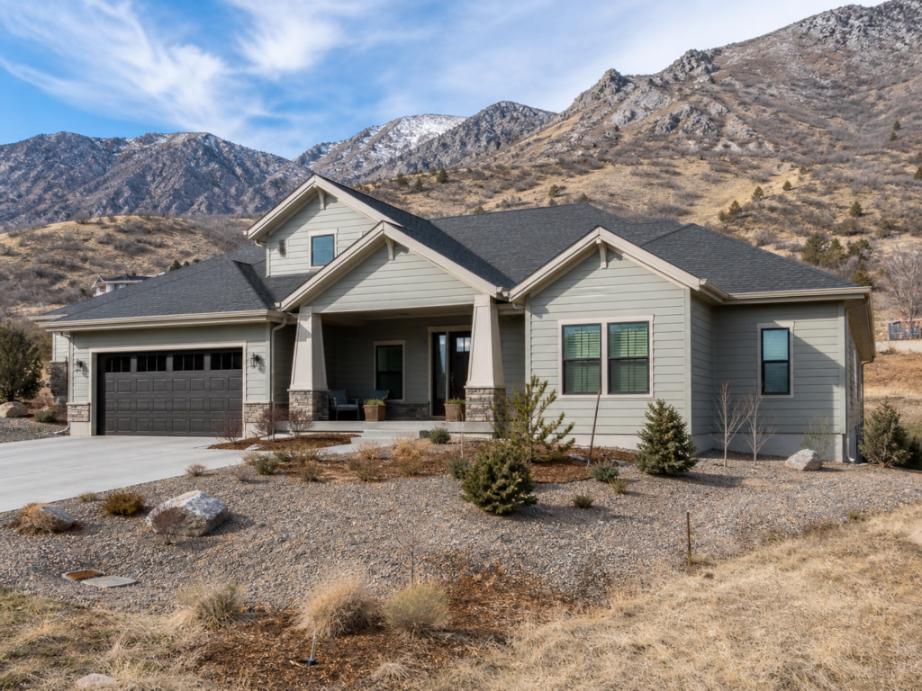 Home with fire-resistant fiber cement siding in a Draper Utah wildland-urban interface neighborhood