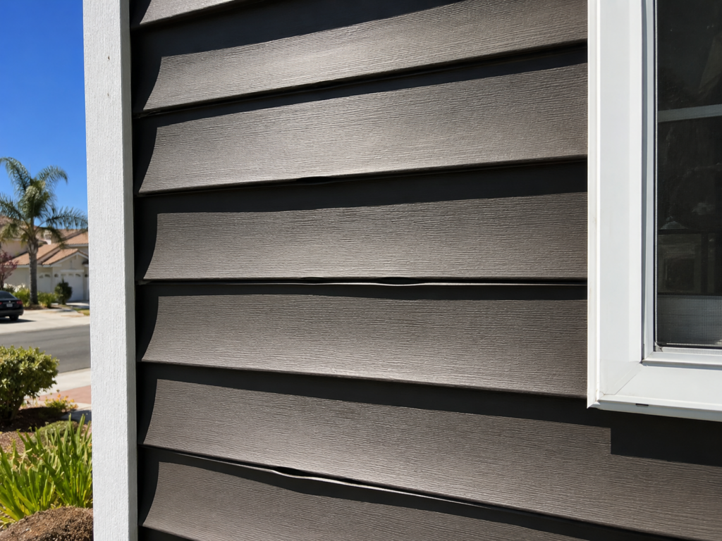 Dark vinyl siding warping and gapping on a west-facing wall in Sacramento heat