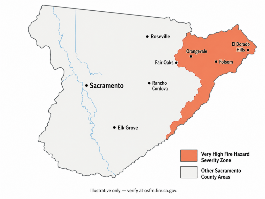 Sacramento County fire hazard severity zone map showing Very High designations