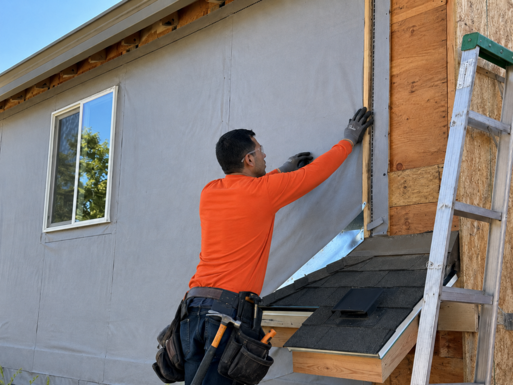 Contractor installing housewrap and kick-out flashing during Sacramento siding replacement
