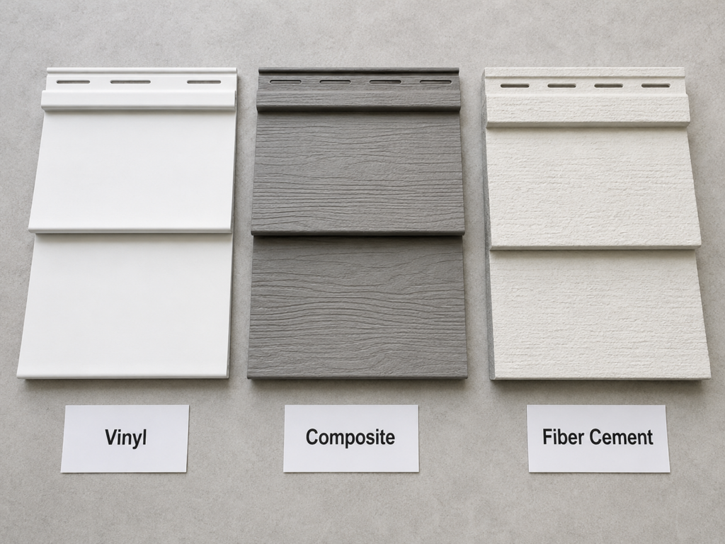 Side-by-side comparison of vinyl, composite, and fiber cement panel samples