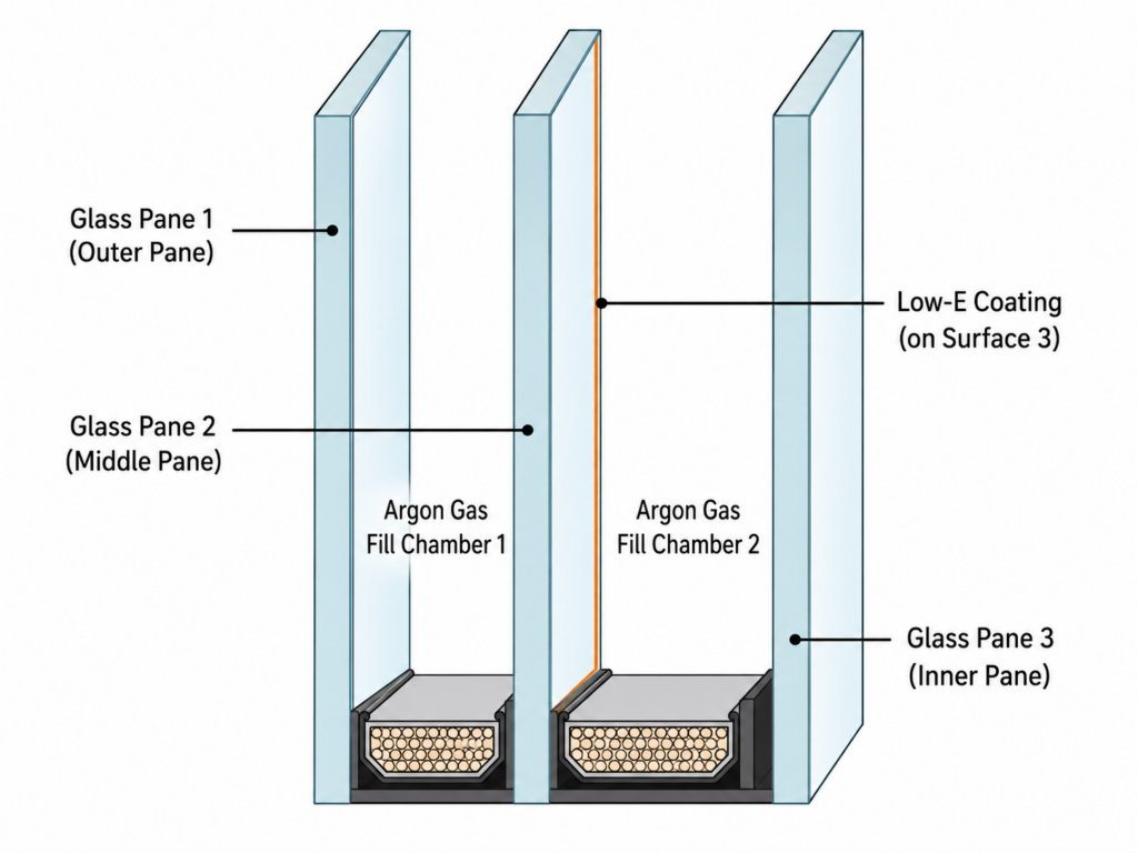 Cross-section diagram of triple-pane window glass with argon gas fill and Low-E coating