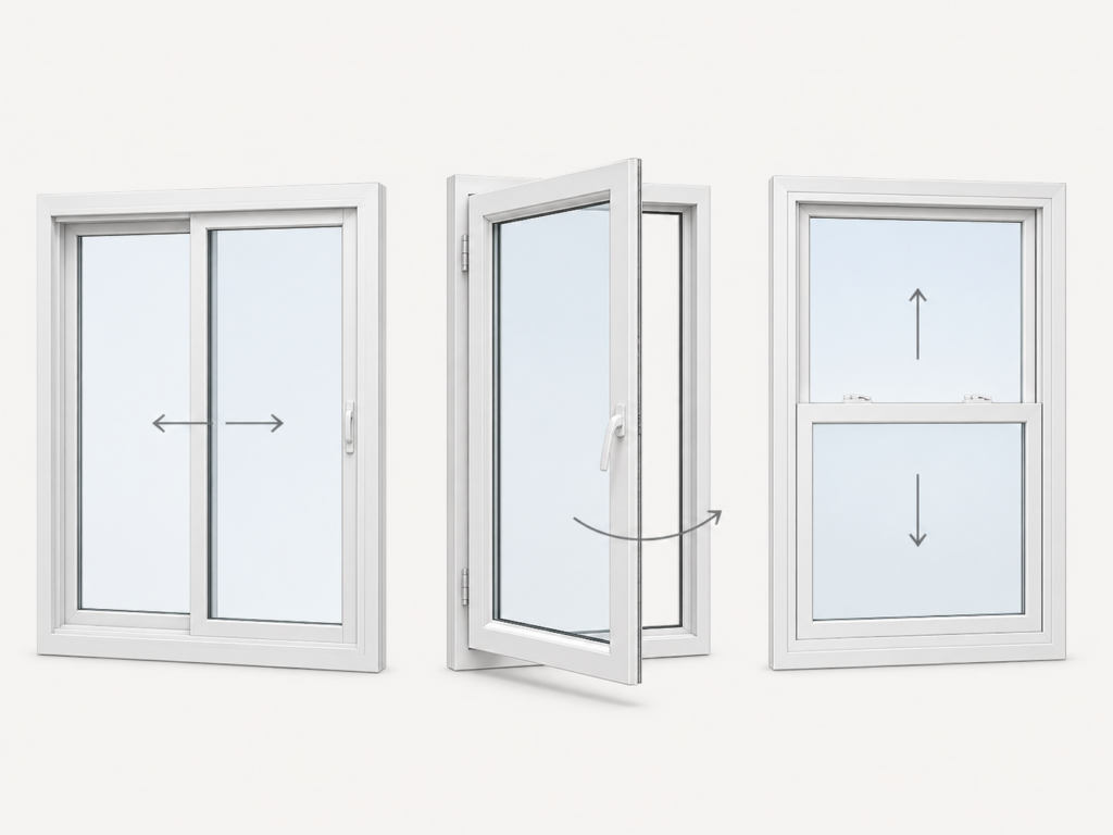 Editorial diagram showing the sash movement direction for sliding, casement, and double-hung windows side by side