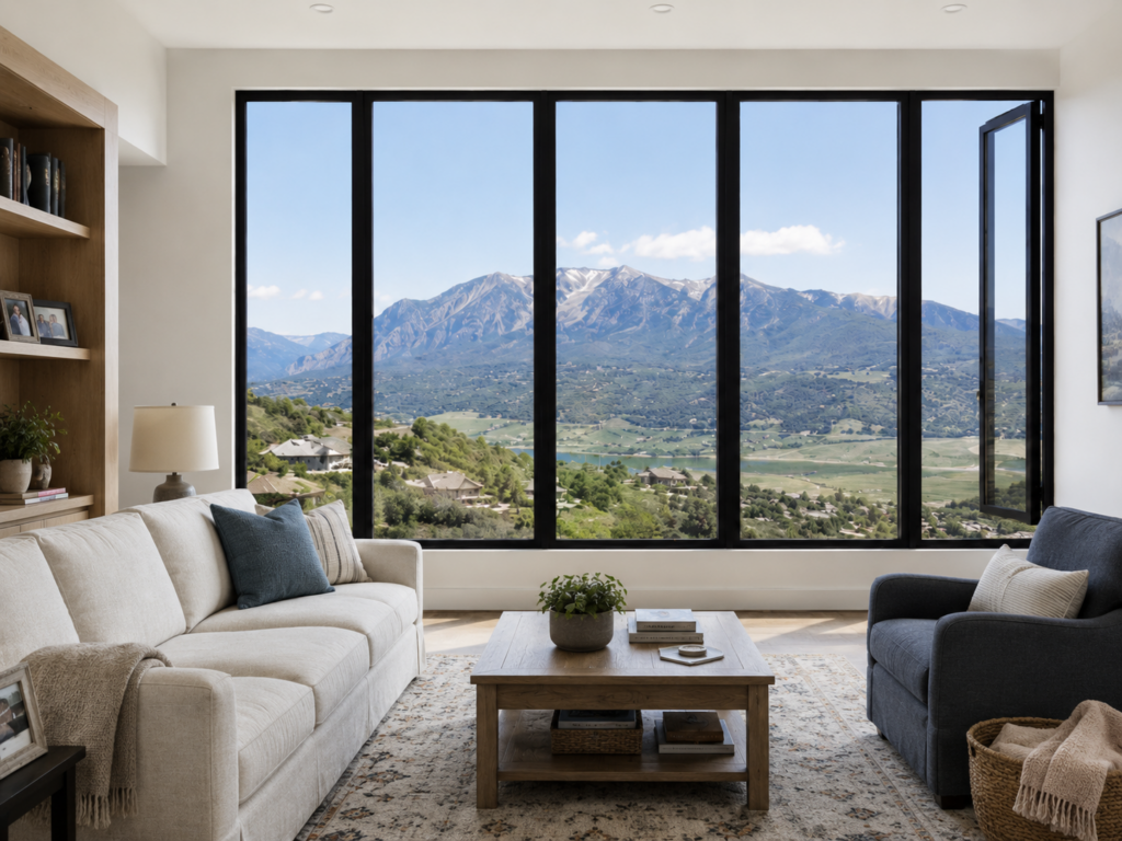Black casement windows in contemporary Utah great room with Wasatch mountain view
