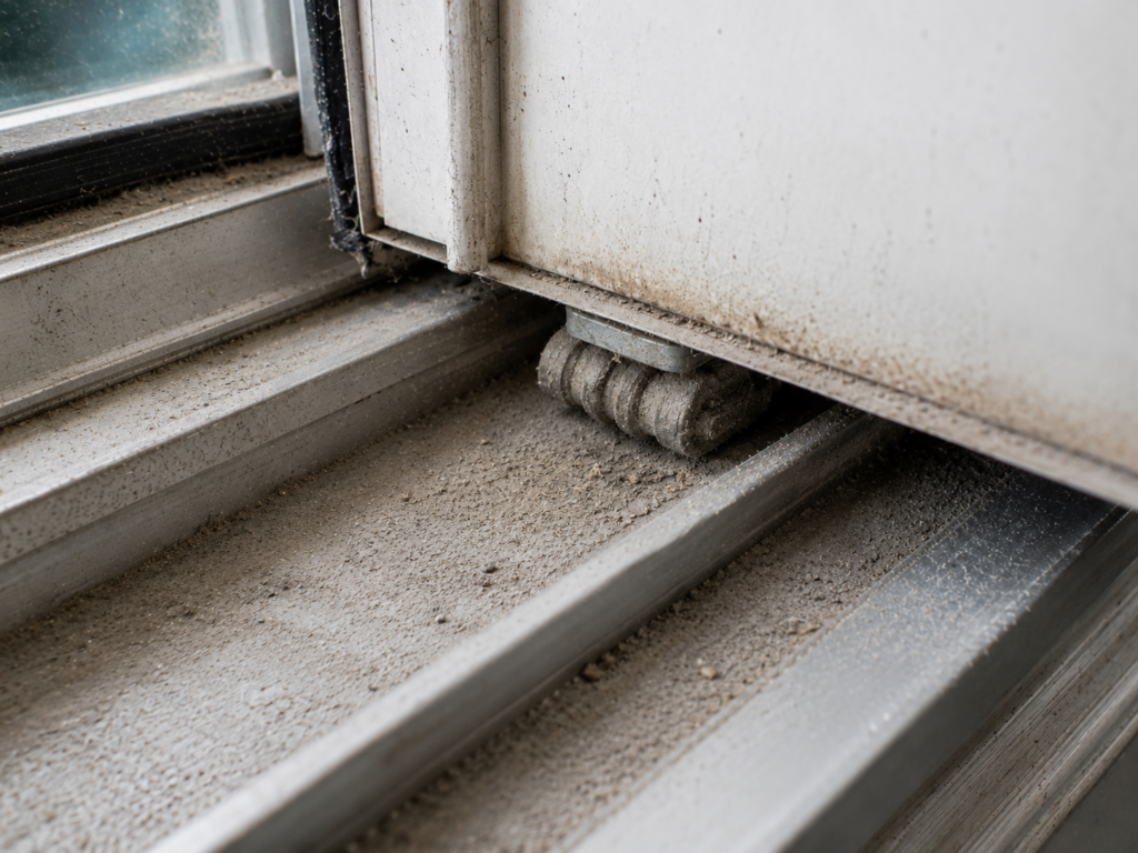 Close-up of a sliding window bottom track showing compacted dust and grit buildup after years without cleaning