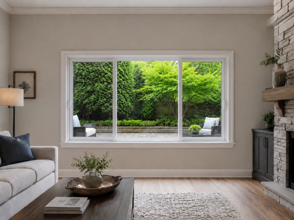 Three-lite sliding window on a rear-facing wall with view of an outdoor patio through the full glass area