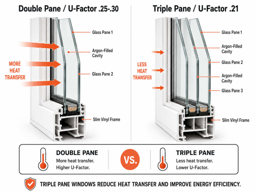 Cross-section diagram comparing triple pane and double pane window construction with U-factor and argon gas cavity labels