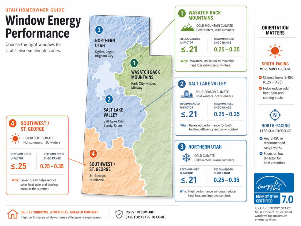 nfographic showing EHI-recommended U-factor and SHGC values for modern windows by Utah climate region